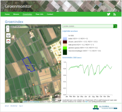 Afbeelding 1. Screenshot van Groenmonitor.nl met het NDVI groenindex verloop in 2020 van een grasperceel (blauw omrand). In de grafiek zijn vier duidelijke oogstmomenten zichtbaar. Afbeelding 1. Screenshot van Groenmonitor.nl met het NDVI groenindex verloop in 2020 van een grasperceel (blauw omrand). In de grafiek zijn vier duidelijke oogstmomenten zichtbaar.